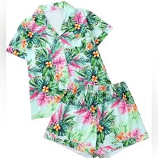 2-Piece Pajama Loungewear Set Tropical Floral Casual, Green  Pink Size XL