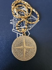 Gold Plated Round Pendant Iced Out With Gold Plated Chain Iced Out 