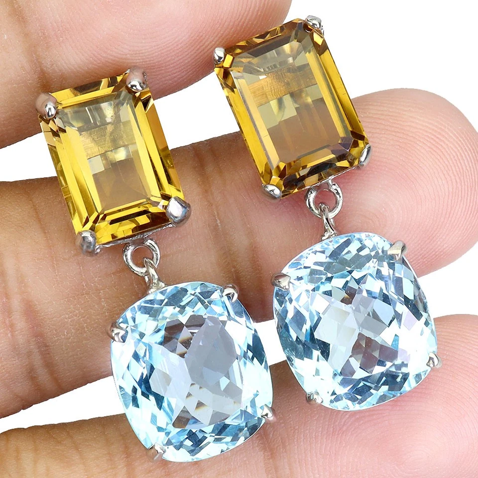 Pendientes de plata de ley 925 antiguos de topacio azul cielo de 40 quilates hechos a mano con piedras preciosas Foto 2 de 4