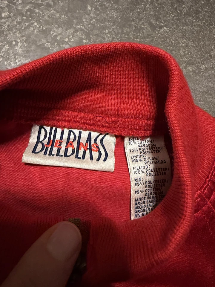 Vintage BILL BLASS jeans Small Red Quilted Satin Bomber Jacket Glam Rock Retro  - Image 2 of 4