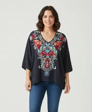NWT Johnny Was Valerie Blouse in Graphite Gray Floral Embroidered Top XXL