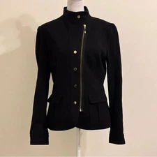 Elie Tahari Women's Black Asymmetrical Jacket Gold Buttons Zippered Size S