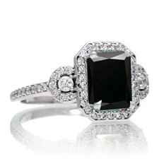 14K White Gold Plated 3Ct Emerald Cut Lab-Created Black Diamond Proposal Ring