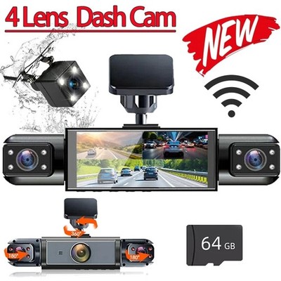 WiFi 360°1080P Dash Cam Recorder 4 Channel Car Camera DVR Vehicle Video+64G Card