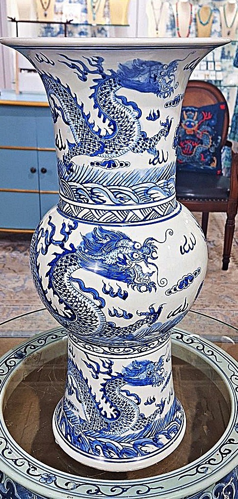 Blue, White Porcelain Chinoiserie Ritual Beaker/"Gu" Vase. Hand Painted-22.50"H