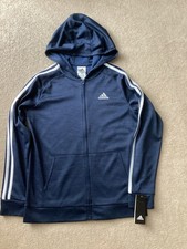Adidas Boys Blue Full-Zip Hoodie Sz L 14/16 Regular Fit Fleece-Lined Activewear