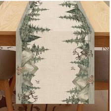Winter/Christmas Forest Reindeer  Pine Tree Table Runner, Linen Blend, 13x72in
