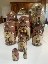 Russian Nesting Doll Set, Hand Carved & Painted Matrioshka Dolls, 9.5" tall, EUC