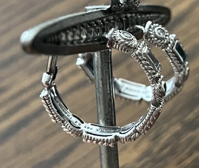 JUDITH RIPKA 925 STERLING SILVER BLUE TOPAZ & CZ DIAMONIQUE HOOP EARRINGS - Image 3 of 4