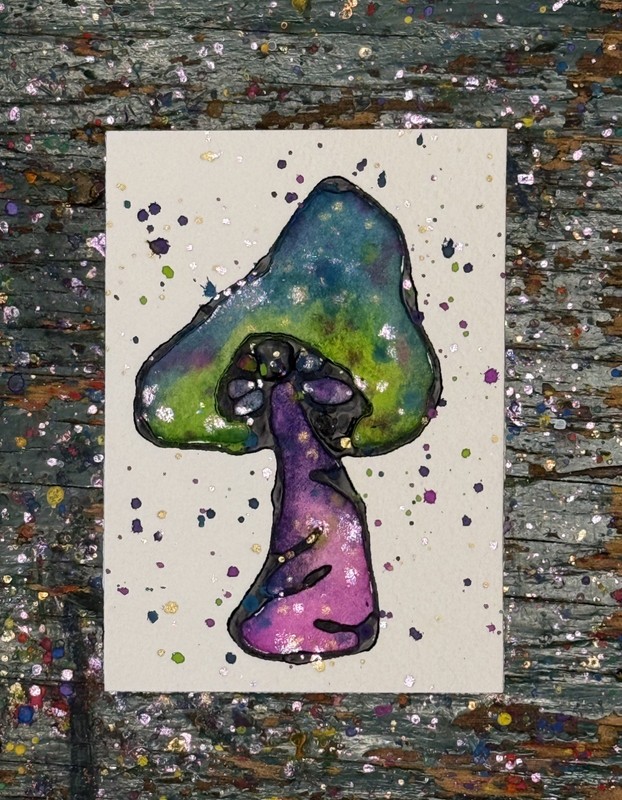 ACEO Original, Game of Shrooms Galactic Mushroom #3, 2.5” X 3.5” Mini Painting