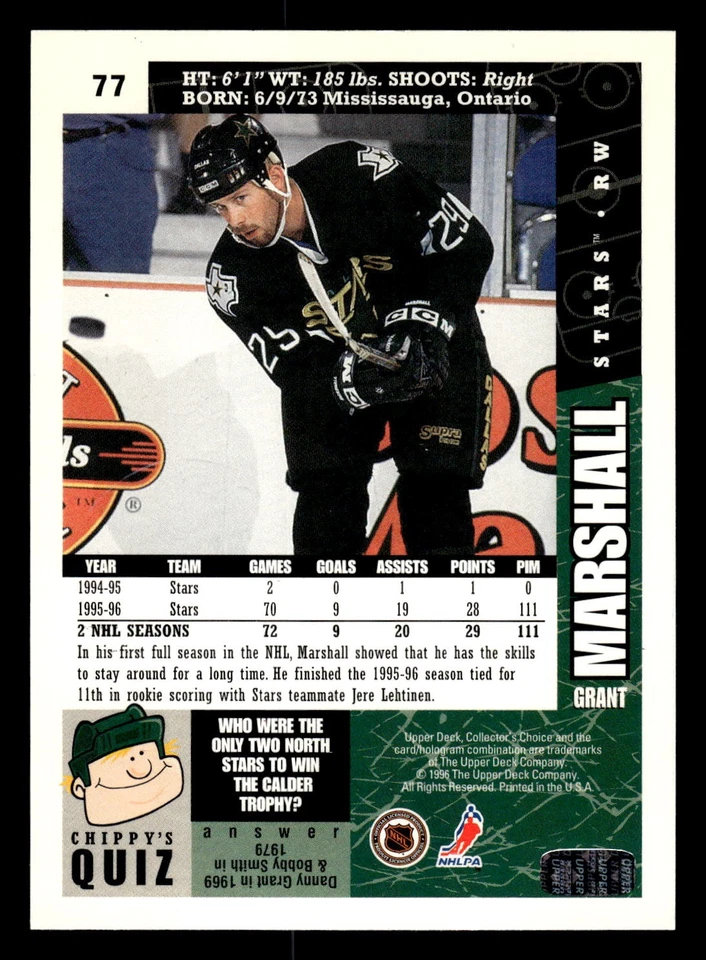 Grant Marshall 1996-97 Collector's Choice #77 Dallas Stars AUTO HAND SIGNED - Image 2 of 2