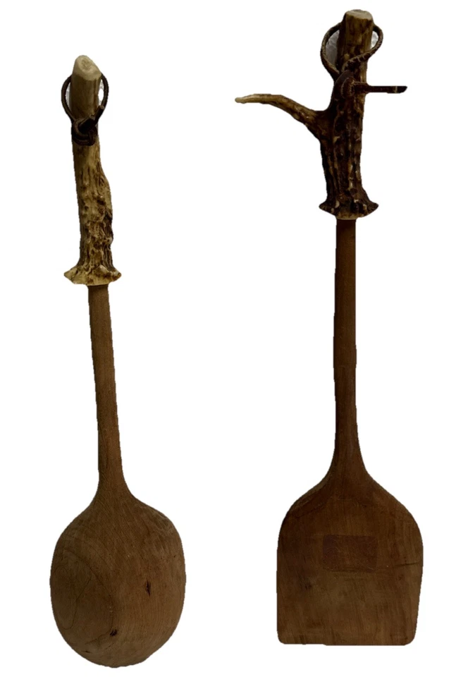 14” Set Antler Handle Wooden Serving Spoon & Spatula - Image 3 of 4