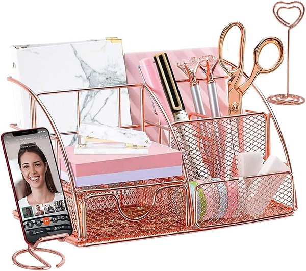 Schreibtisch Organizer RoséGold Metall Mit Telefonhalterung Stifthalter-image