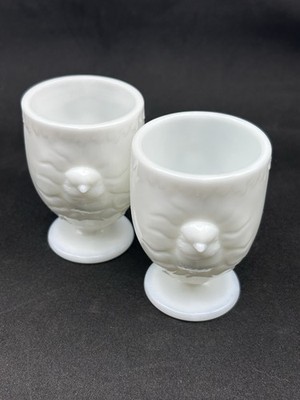 Two Vintage Westmoreland Milk Glass Egg Cups Toothpick Holders Hatching Chick