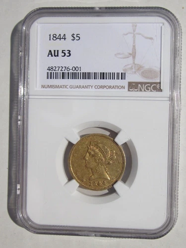 1844 LIBERTY HEAD HALF EAGLE 5 DOLLAR GOLD VERY NICE DETAIL NGC-AU53
