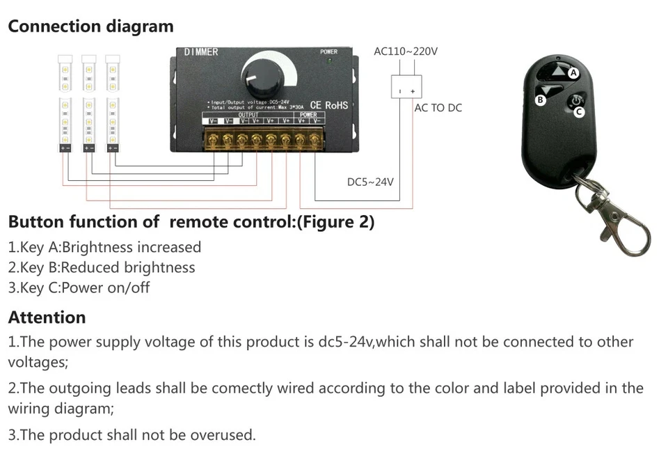 DC12V-24V LED Lights Dimmer 90A 360W Adjustable Strip for Single Color 5050/3528 - Image 2 of 4