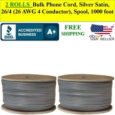 2 ROLLS Telephone Cable Bulk Phone Cord, Silver Satin, 26/4 Conductor , Spool