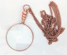 Mini Brass Magnifying Glass Necklace Chain With Wood box Vintage Collectible