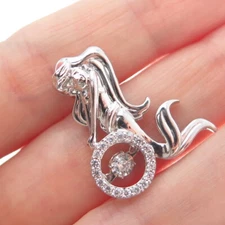 925 Sterling Silver Round-Cut C Z Mermaid Charm Slide Pendant