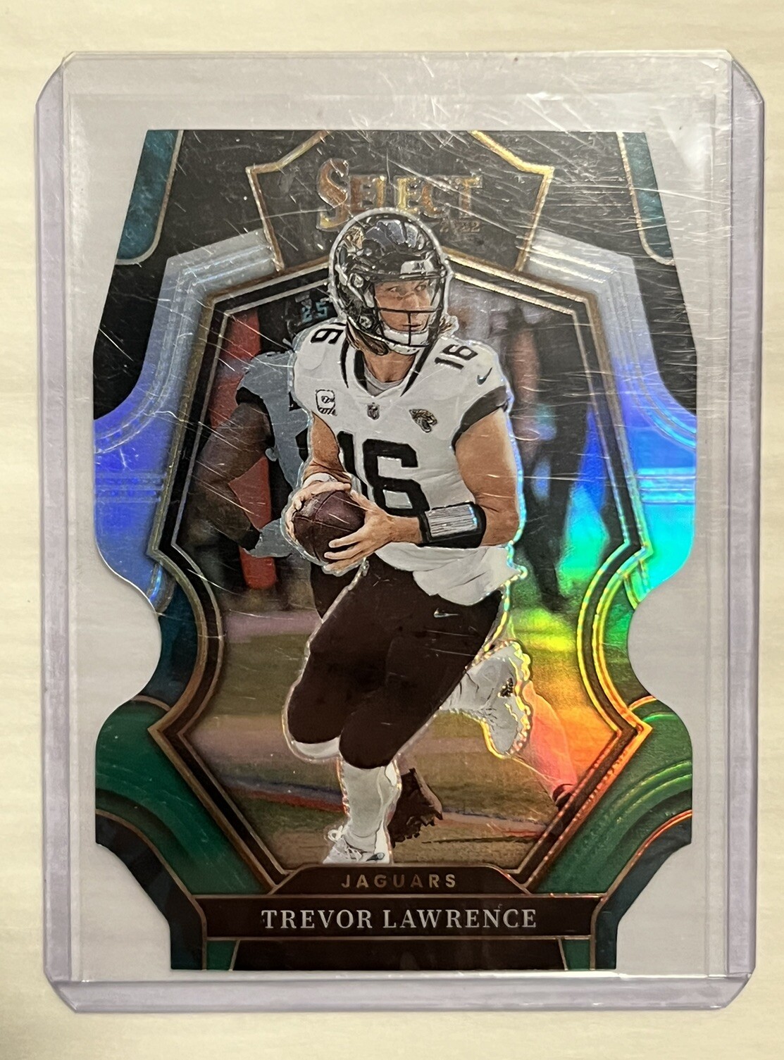 Trevor Lawrence 2022 Select Premier Level Green & Yellow Prizm Die Cut Jaguars