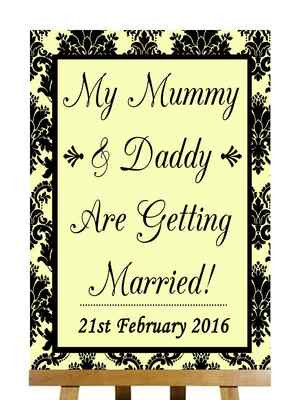 Personalisiertes Hochzeitsschild gelb schwarz Save The Date Mama Papa heiraten