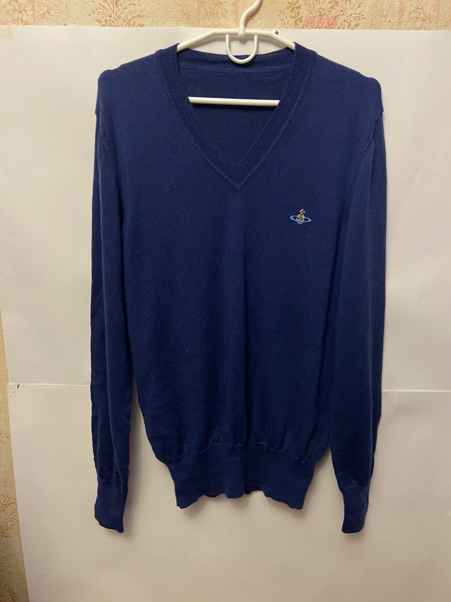 Men's Vivienne Westwood Wool V-Neck Sweater Navy Blue Jumper Italy Size M