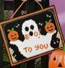 BOO TO YOU WALL HANGING GHOST HALLOWEEN PLASTIC CANVAS PATTERN INSTRUCTIONS