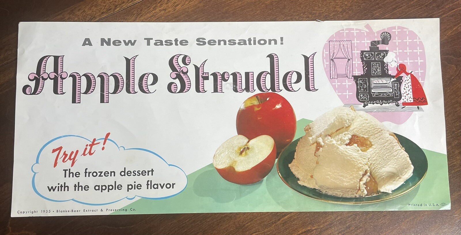 "Póster de etiqueta de helado Apple Strudel 1955 en blanco-extracto de Baer y conservación 20""x9"""
