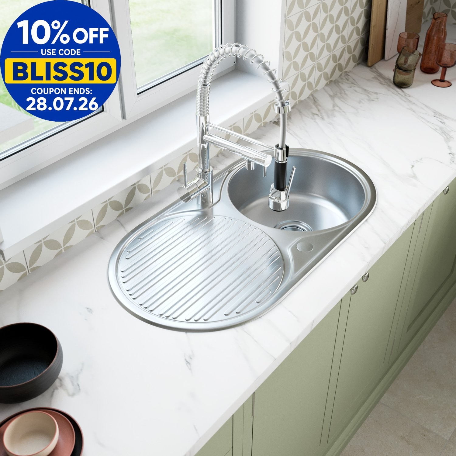 Stainless Steel Single Bowl Kitchen Sink Round Left Hand Modern Drainer Wastes