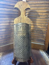 Early 1868 Antique Primitive Wood & Nail Punched Copper Cheese Grater Large