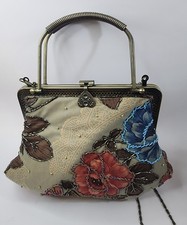 Vintage Embroidered Beaded Floral Hinged Handbag Purse Crossbody