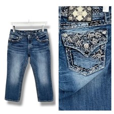 Miss Me jeans cuffed capri 30 straight mid rise embellished bling blue denim