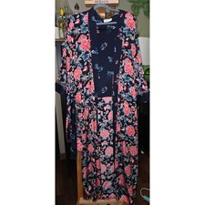 Vintage Natori Womens Floral Long Robe Navy Pink Teal Kimono Sleeve Belt Medium