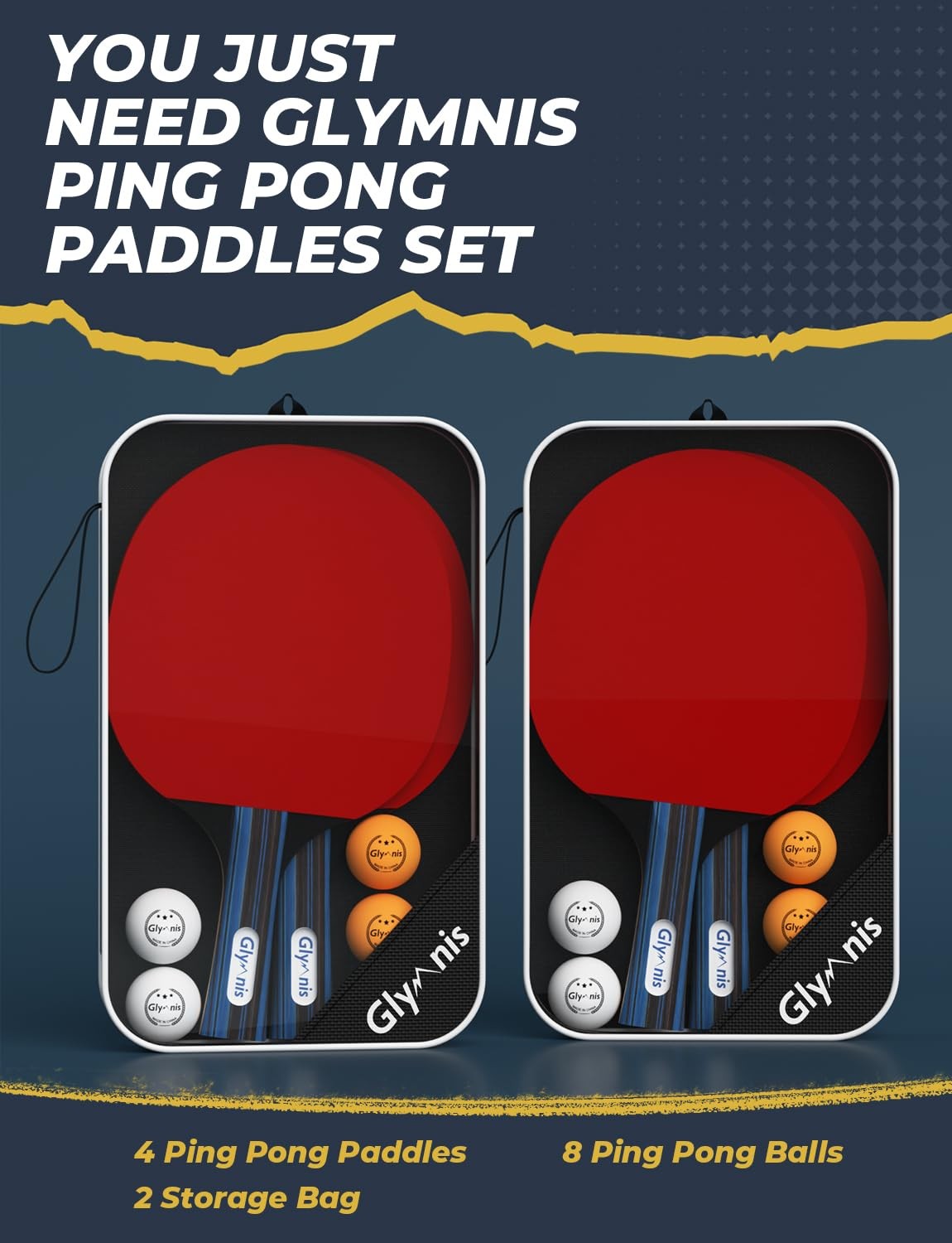 Glymnis Ping Pong Paddles Set of 4 Table Tennis Rackets with 8 Red-Black 