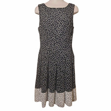 Lauren Ralph Lauren Polka Dot Fit Flare Dress Pleated Lined 12 Black White 00093