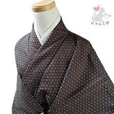 Nyankotei Ni28 Kimono Synthetic Fiber Poly Fine Hemp Leaf Pattern Brown Japan