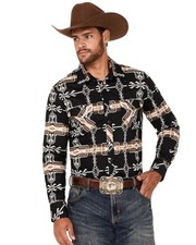 Rock  Roll Denim Men's And Southwestern Print Long Sleeve Snap Stretch Black
