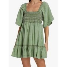 Free People Sage Green Smocked Gauze Mini Dress Tie Back Boho Womens S