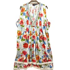 Tolani Floral Dress XL Pintuck Tiered Pockets Crochet Sleeveless Lightweight