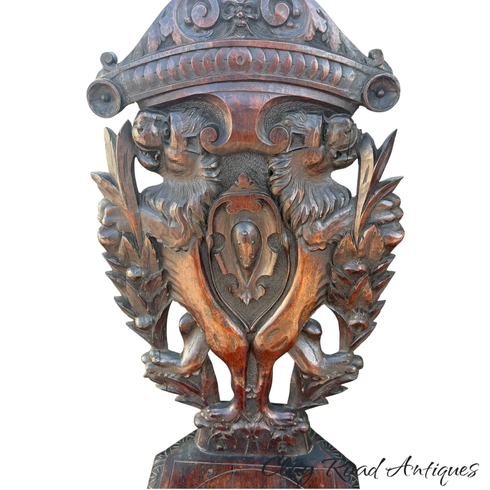 Antigua silla renacentista victoriana fantasía tallada caras de leones figura nogal Foto 4 de 4