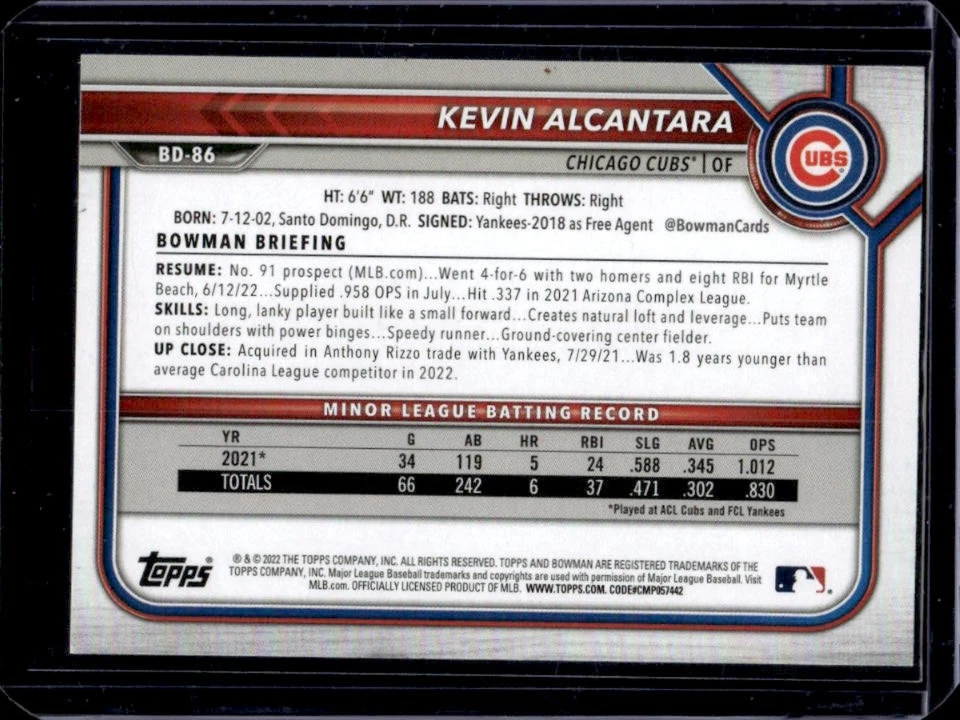 2022 Bowman Draft 1st Edition Kevin Alcantara Gold #1/50 Cubs - Image 2 of 2