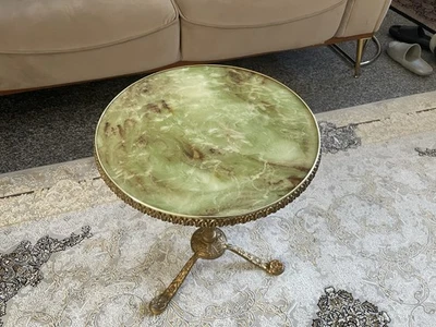Vintage French Style Green Onyx Circular Top Brass Wine Or Side Table - Image 1 of 4