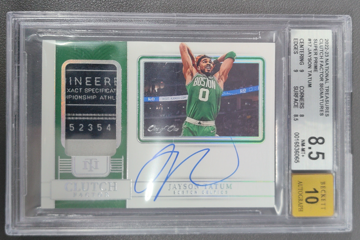 2022 National Treasures Jayson Tatum Clutch Factor Auto Patch Tag 1/1 BGS 8.5/10