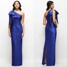 ALFRED SUNG Calla Bow One Shoulder Column Maxi Dress Size 12 Cobalt Blue Formal
