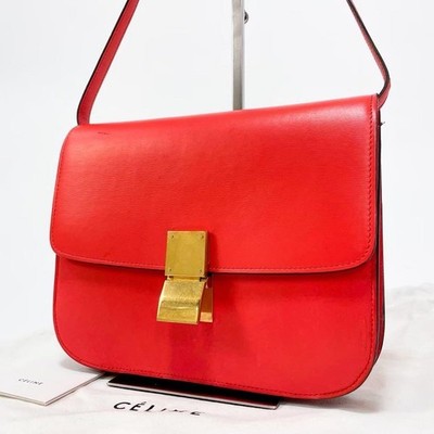 CELINE Classic Box Schultertasche Leder Rot Medium mit Aufbewahrungstaschenan...