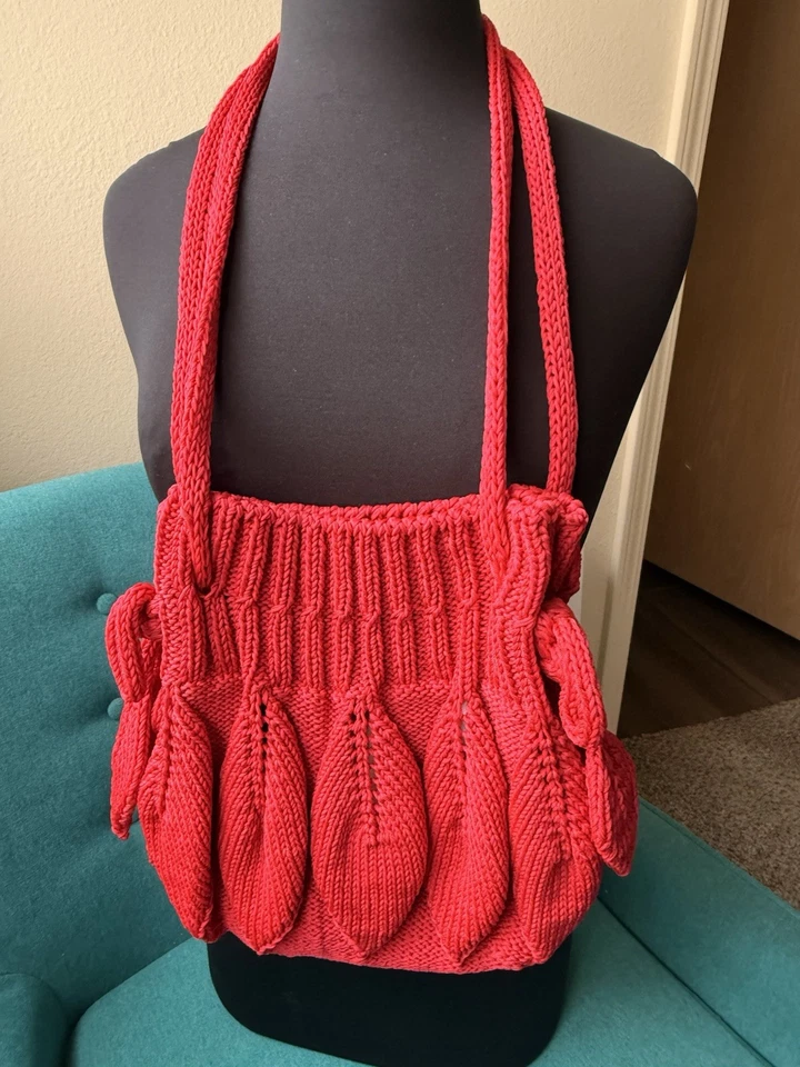 Bolso de Mano Tejido a Mano Tejido a Mano Rojo Diseño Floral Cordón Correa Hecho a Mano Foto 4 de 4