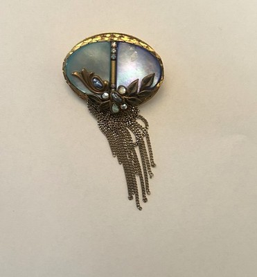 Vintage Marena Germany Blue Iridescent MOP Brooch w/ Floral Motif & Chain Fringe
