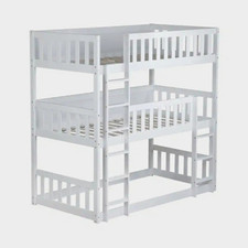 White Wood 3 Bunk Bed Frame w/ Built-In Ladder, Guardrail & Slats