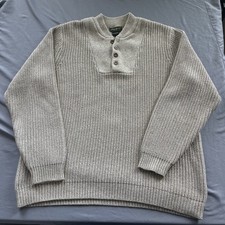 VTG Eddie Bauer Pullover Henley Knit Sweater Beige Men's L 100 Cotton Heavy