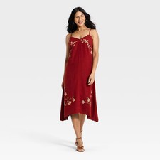Women Linen Embroidered Midi High Low Dress - Universal Thread Red S